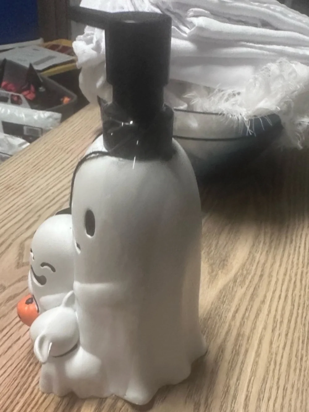 Cute Ghost Family & Puppy Halloween Soap Dispenser White Ceramic Pumpkin Spooky